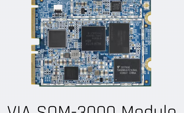 Módulo VIA SOM-3000 Edge AI sobre una placa base.