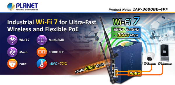 Punto de Acceso Industrial Wi-Fi 7 PLANET IAP-3600BE-4PF en un entorno de fábrica.