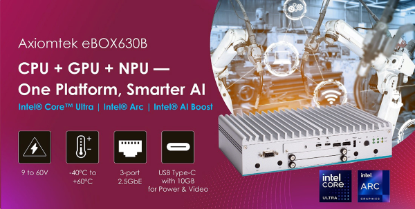 Axiomtek eBOX630B, un sistema embebido para IA industrial, mostrando sus puertos.