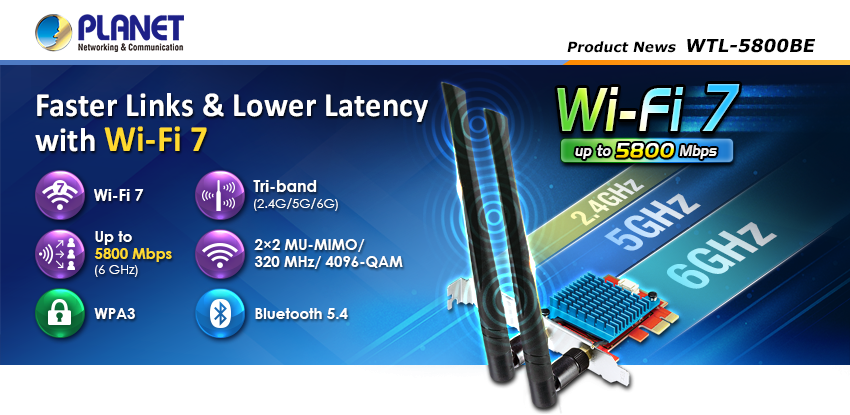 Adaptador Wi-Fi 7 PCIe PLANET WTL-5800BE para PC de escritorio