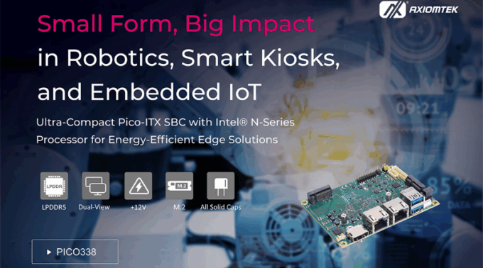 pico338 La placa Pico-ITX industrial PICO338 de Axiomtek con sus puertos de E/S visibles.