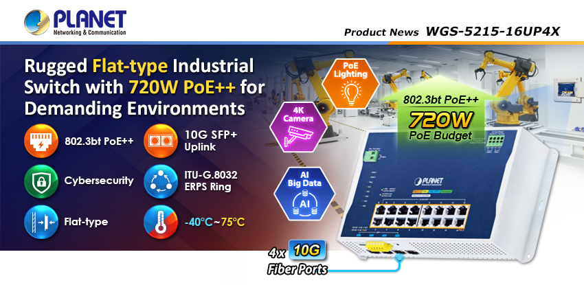 Switch PoE Industrial WGS-5215-16UP4X de PLANET para entornos exigentes