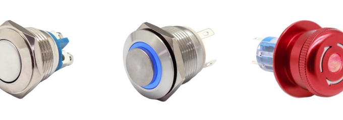 Pulsadores industriales Mallory en varias configuraciones y colores.