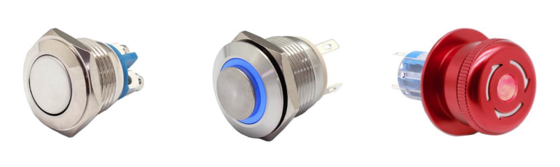 Pulsadores industriales Mallory en varias configuraciones y colores.