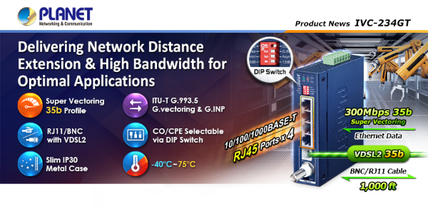 Extensor Ethernet sobre Coaxial IVC-234GT de Planet para redes industriales