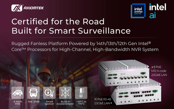 Plataforma NVR embarcada Axiomtek UST520 para analítica de vídeo en transporte inteligente.
