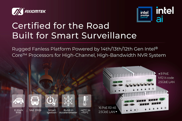 Plataforma NVR embarcada Axiomtek UST520 para analítica de vídeo en transporte inteligente.