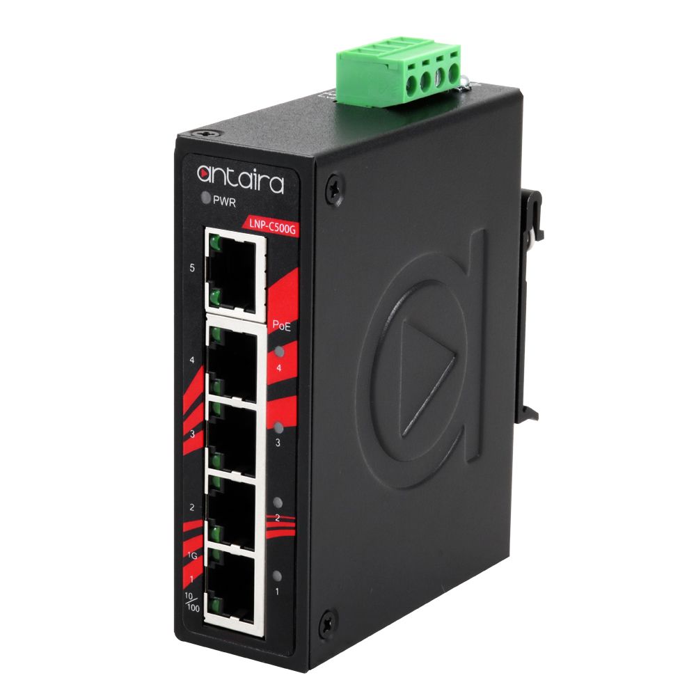 Switches industriales Gigabit PoE+ no gestionados con cinco puertos.