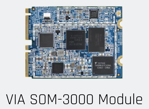 Módulo VIA SOM-3000 Edge AI sobre una placa base.