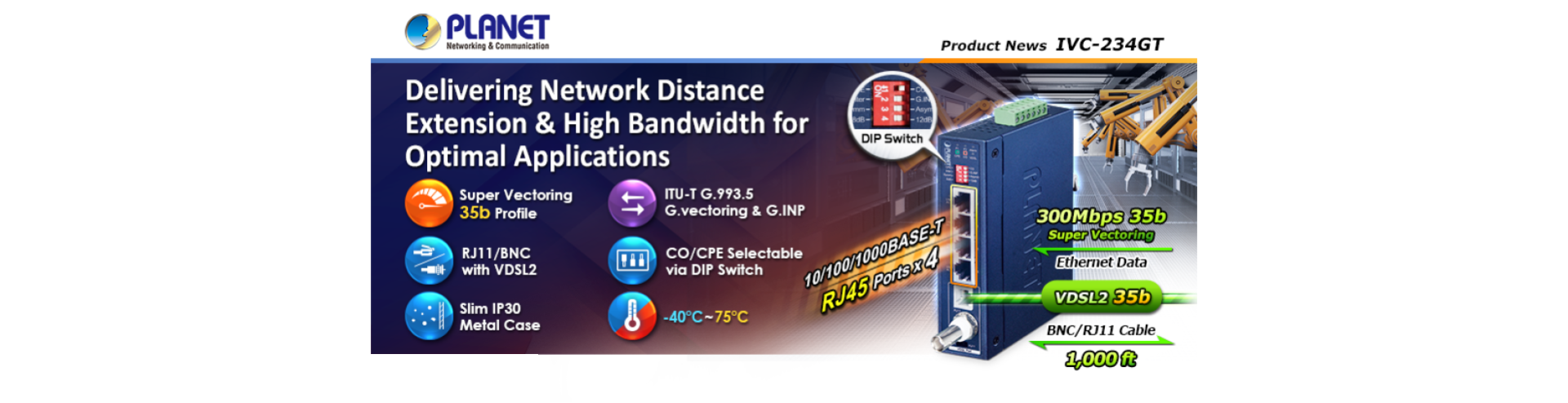 Extensor Ethernet sobre Coaxial IVC-234GT de Planet para redes industriales
